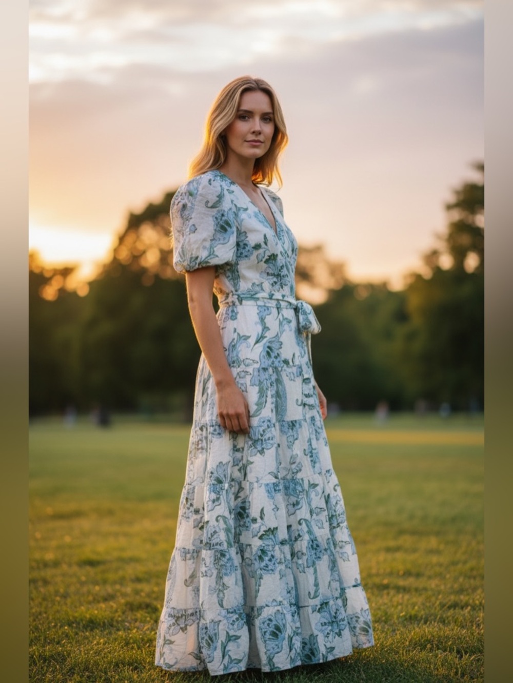 157 • Gloria Botanical Puff-Sleeve Belted Tiered Maxi Dress